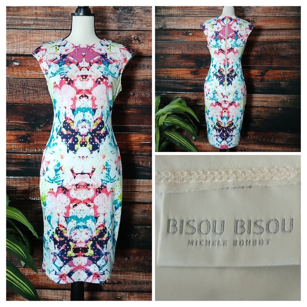 Bisou Bisou Dress Size 6 Boho Multicolor Cutout Sheath Lined Zip Back Stretch